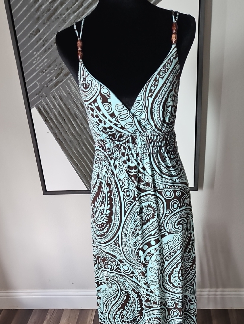 B Darlin Aqua and Brown Paisley Strapless Maxi Dress